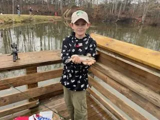 A young boy holding a fish while standing on top of a wooden deck.