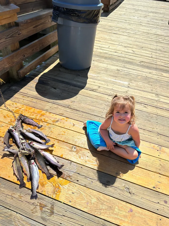 A little girl sitting on the ground with fish.