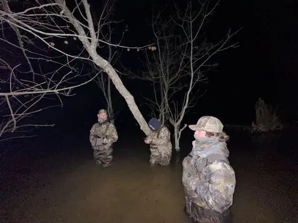 A group of people standing in water next to trees.